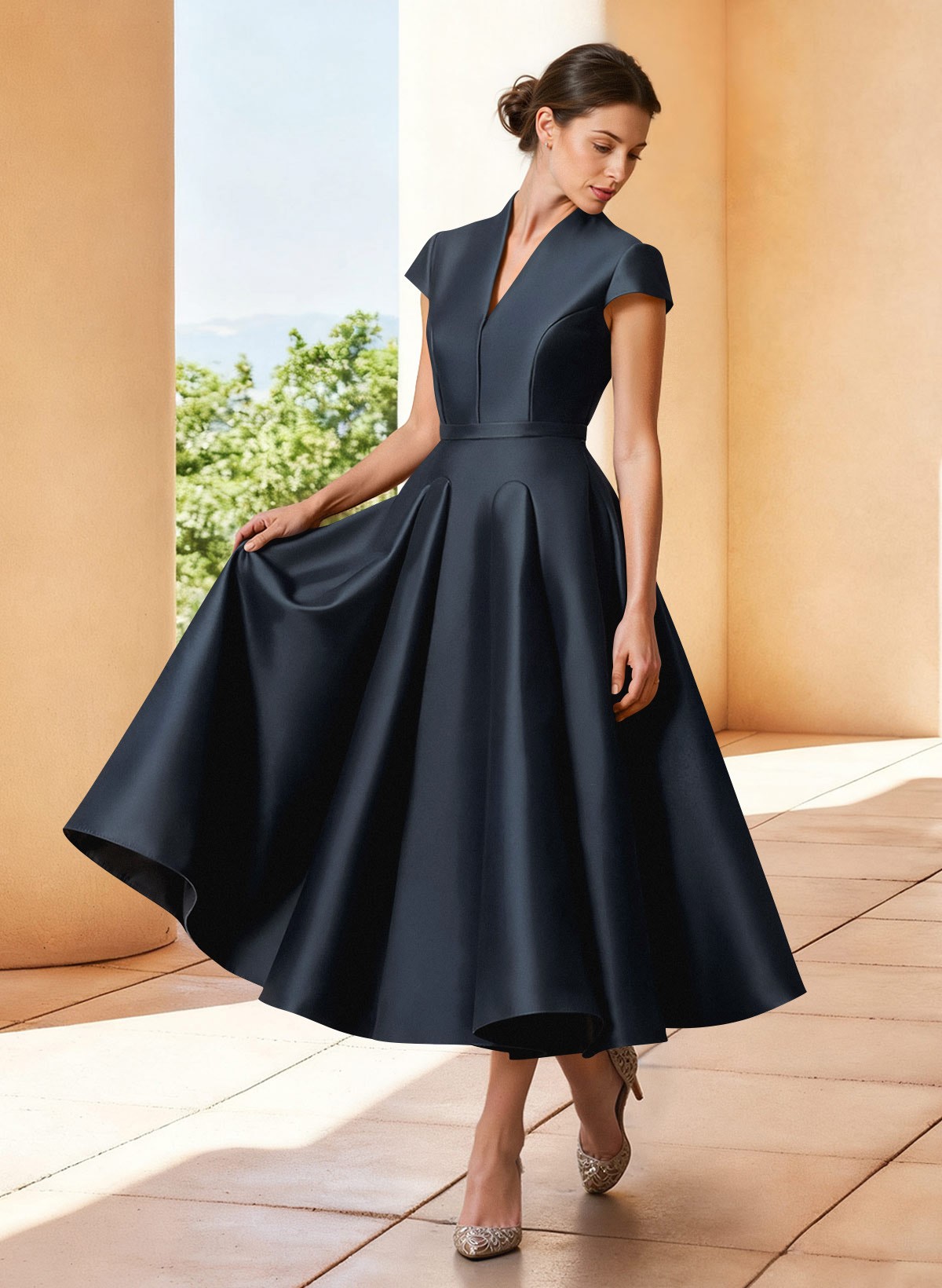 A-Line V-Neck Short Sleeves Tea-Length Satin Mother Of The Bride Dresses