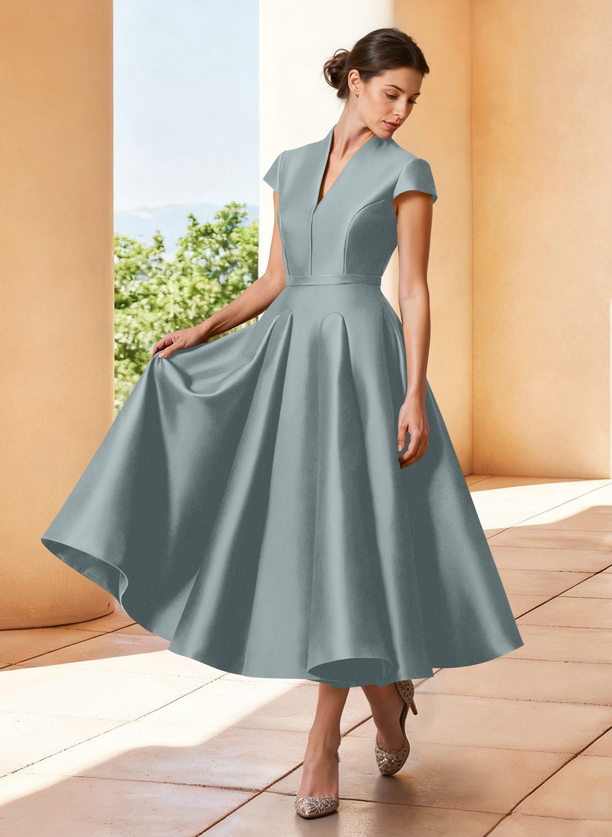 A-Line V-Neck Short Sleeves Tea-Length Satin Mother Of The Bride Dresses