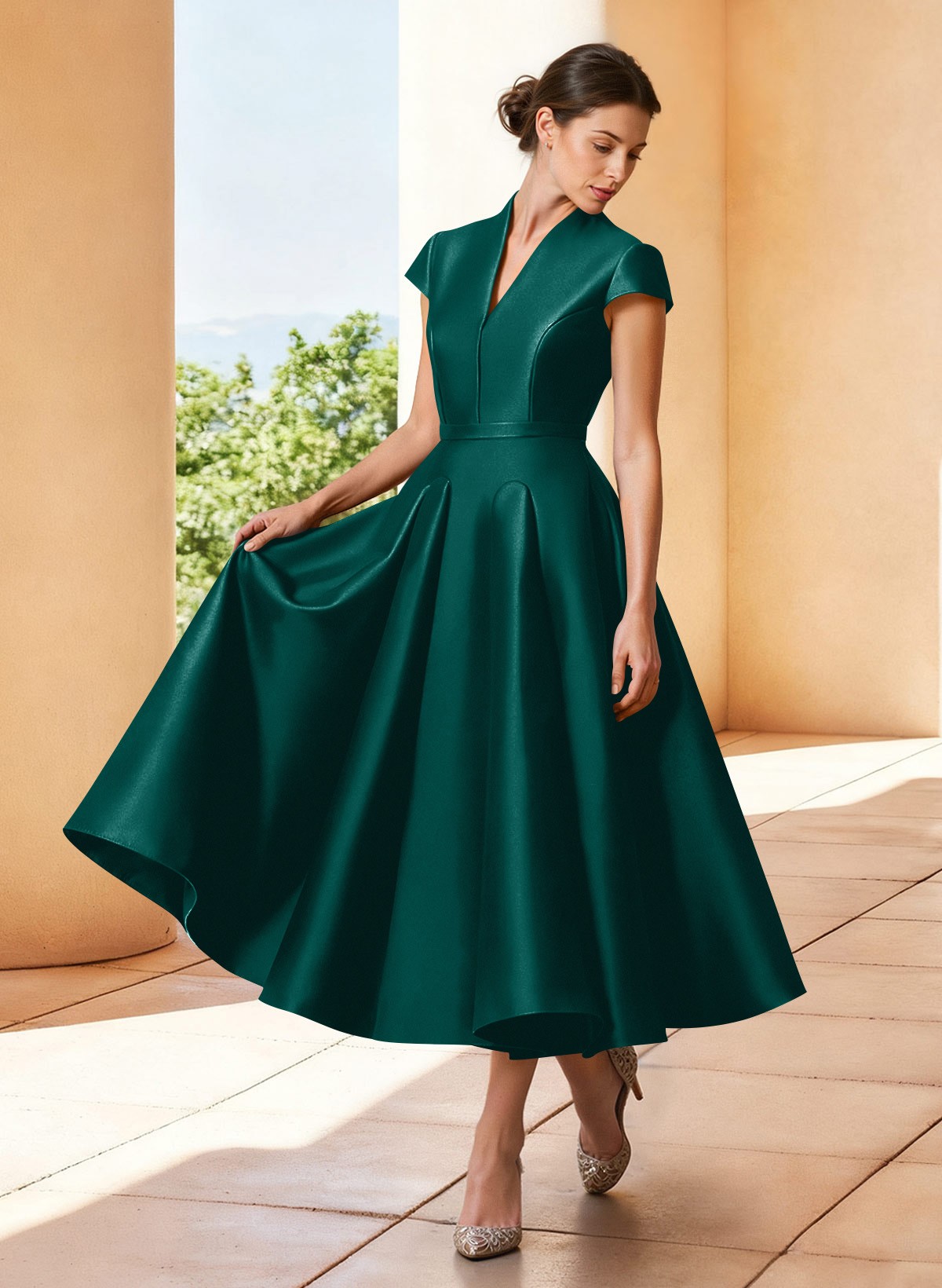A-Line V-Neck Short Sleeves Tea-Length Satin Mother Of The Bride Dresses
