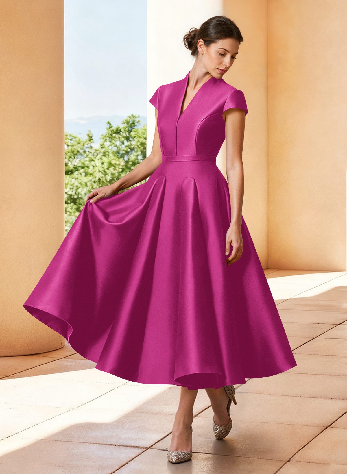 A-Line V-Neck Short Sleeves Tea-Length Satin Mother Of The Bride Dresses