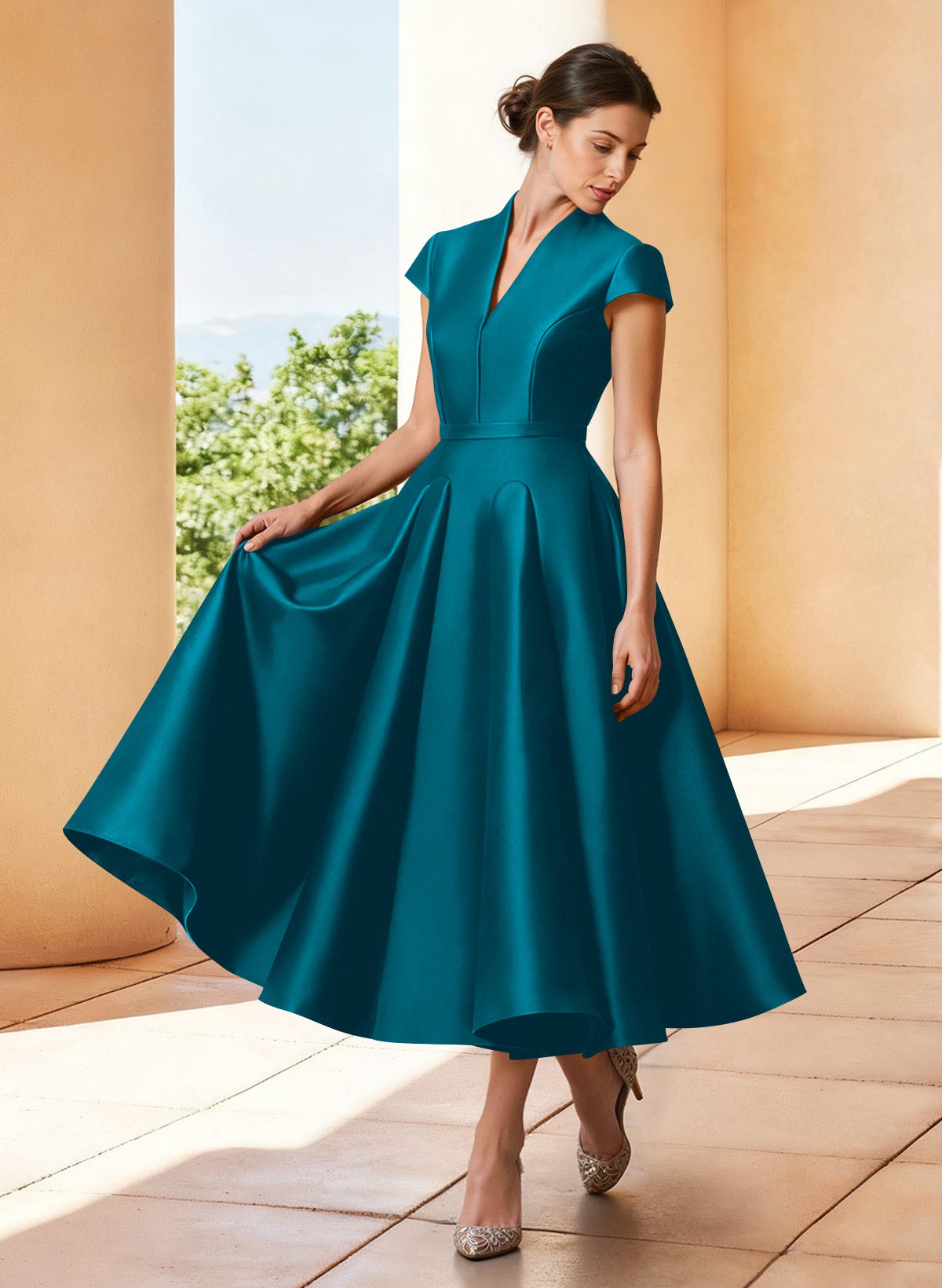 A-Line V-Neck Short Sleeves Tea-Length Satin Mother Of The Bride Dresses