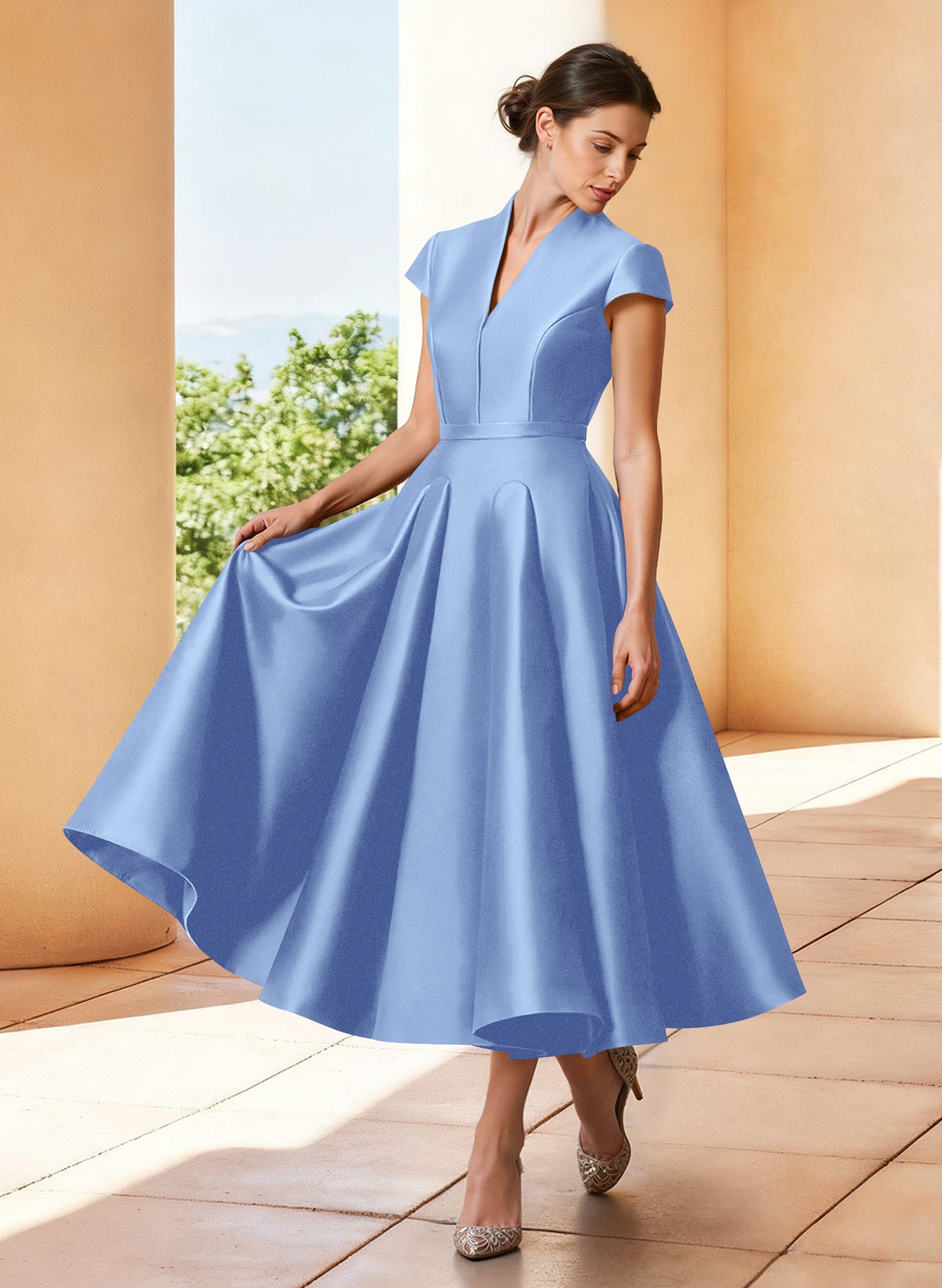 A-Line V-Neck Short Sleeves Tea-Length Satin Mother Of The Bride Dresses