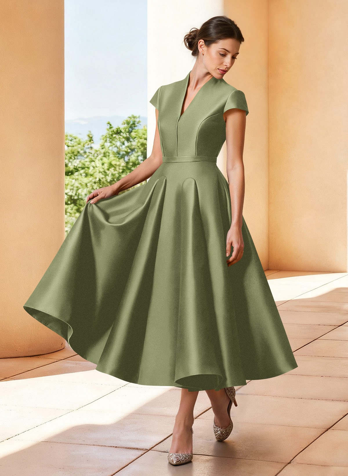 A-Line V-Neck Short Sleeves Tea-Length Satin Mother Of The Bride Dresses