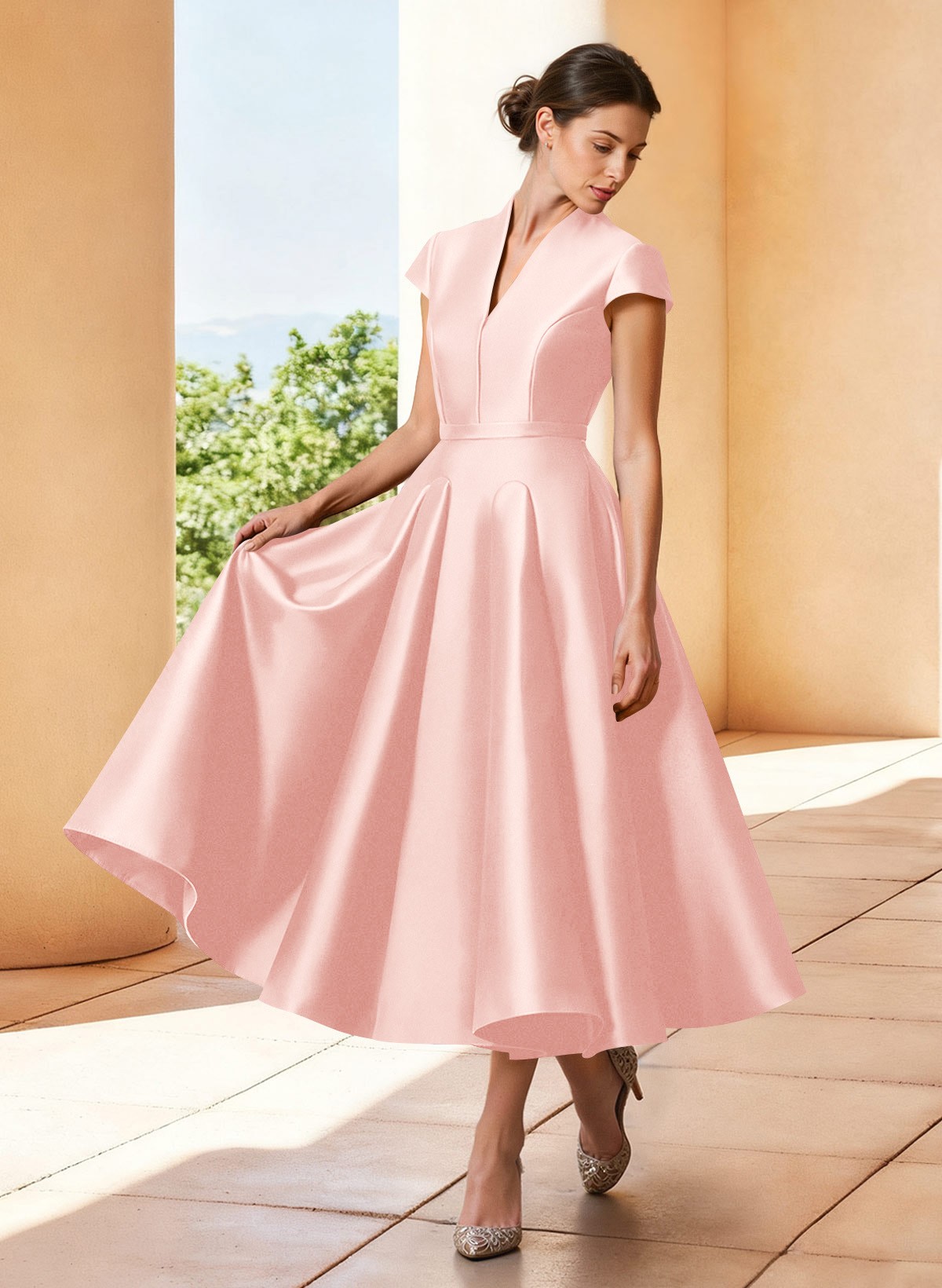 A-Line V-Neck Short Sleeves Tea-Length Satin Mother Of The Bride Dresses