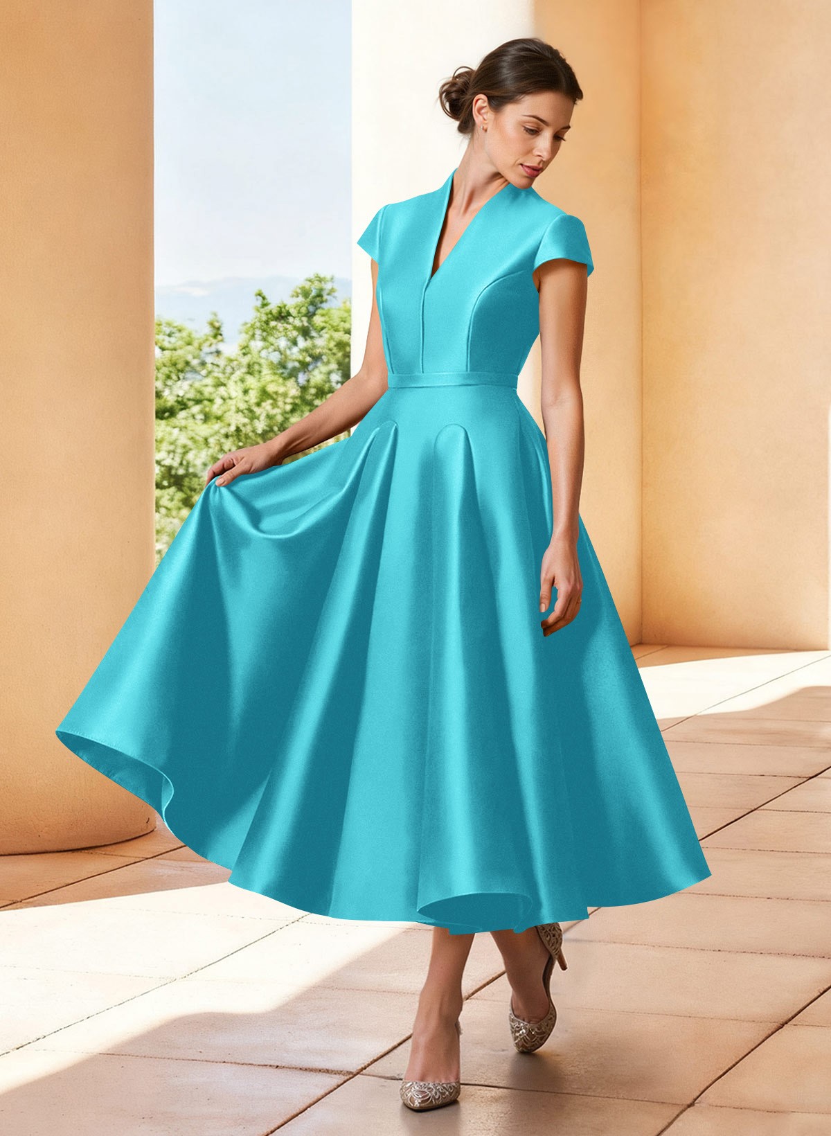 A-Line V-Neck Short Sleeves Tea-Length Satin Mother Of The Bride Dresses