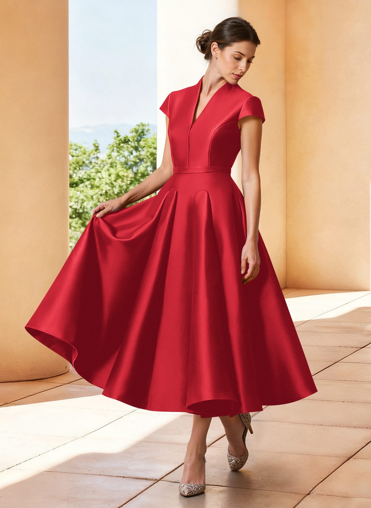 A-Line V-Neck Short Sleeves Tea-Length Satin Mother Of The Bride Dresses