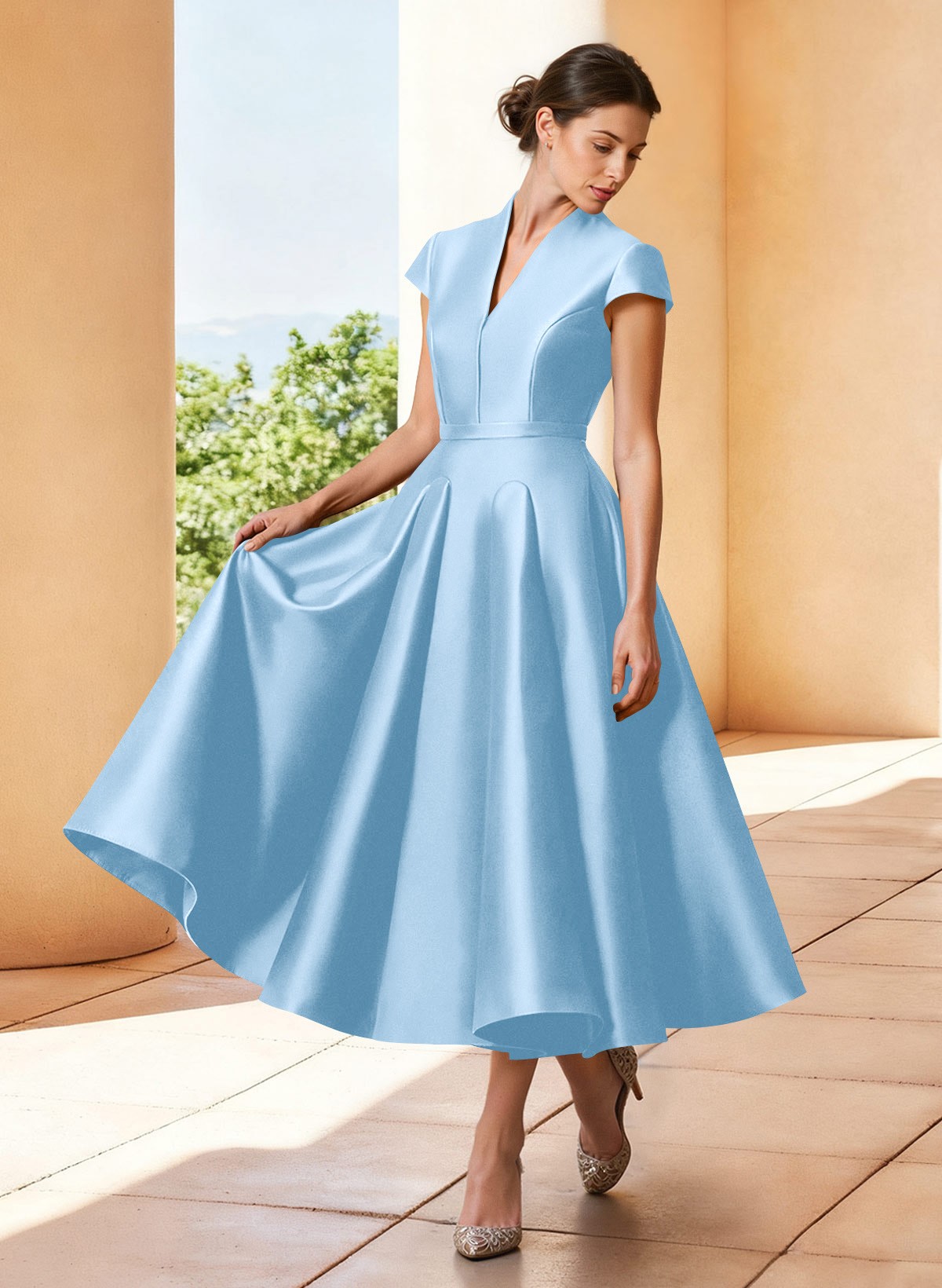 A-Line V-Neck Short Sleeves Tea-Length Satin Mother Of The Bride Dresses