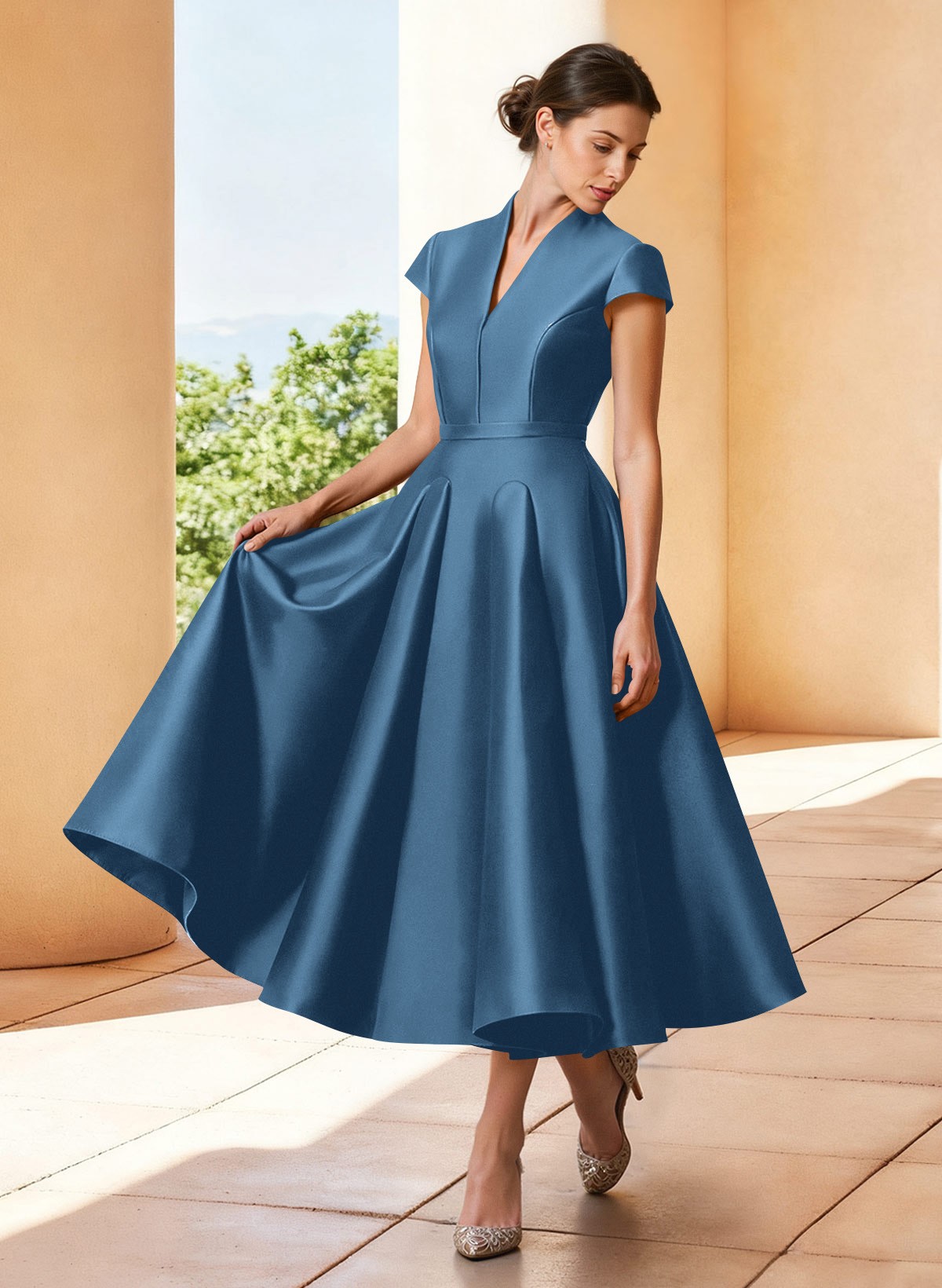 A-Line V-Neck Short Sleeves Tea-Length Satin Mother Of The Bride Dresses