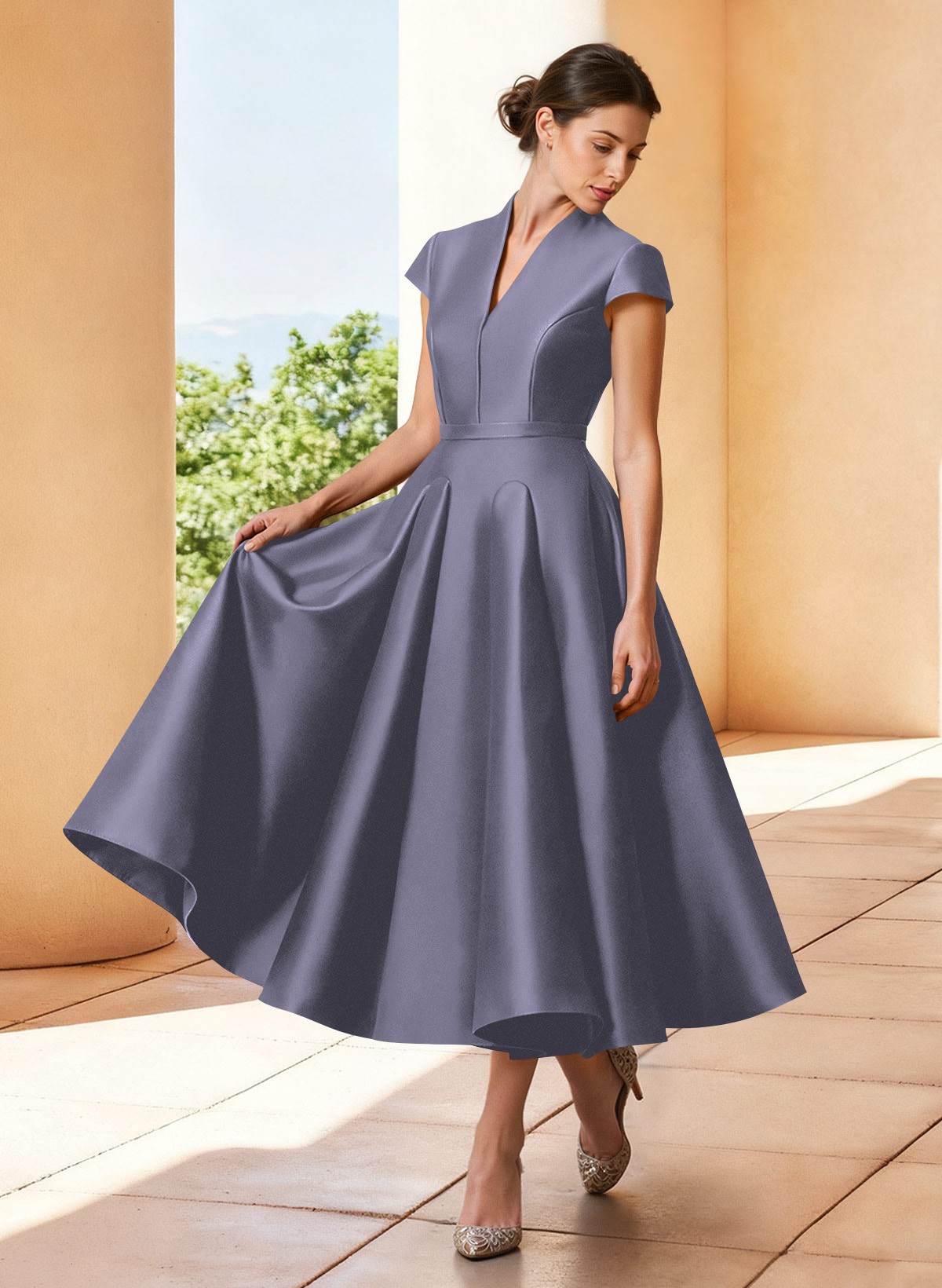 A-Line V-Neck Short Sleeves Tea-Length Satin Mother Of The Bride Dresses