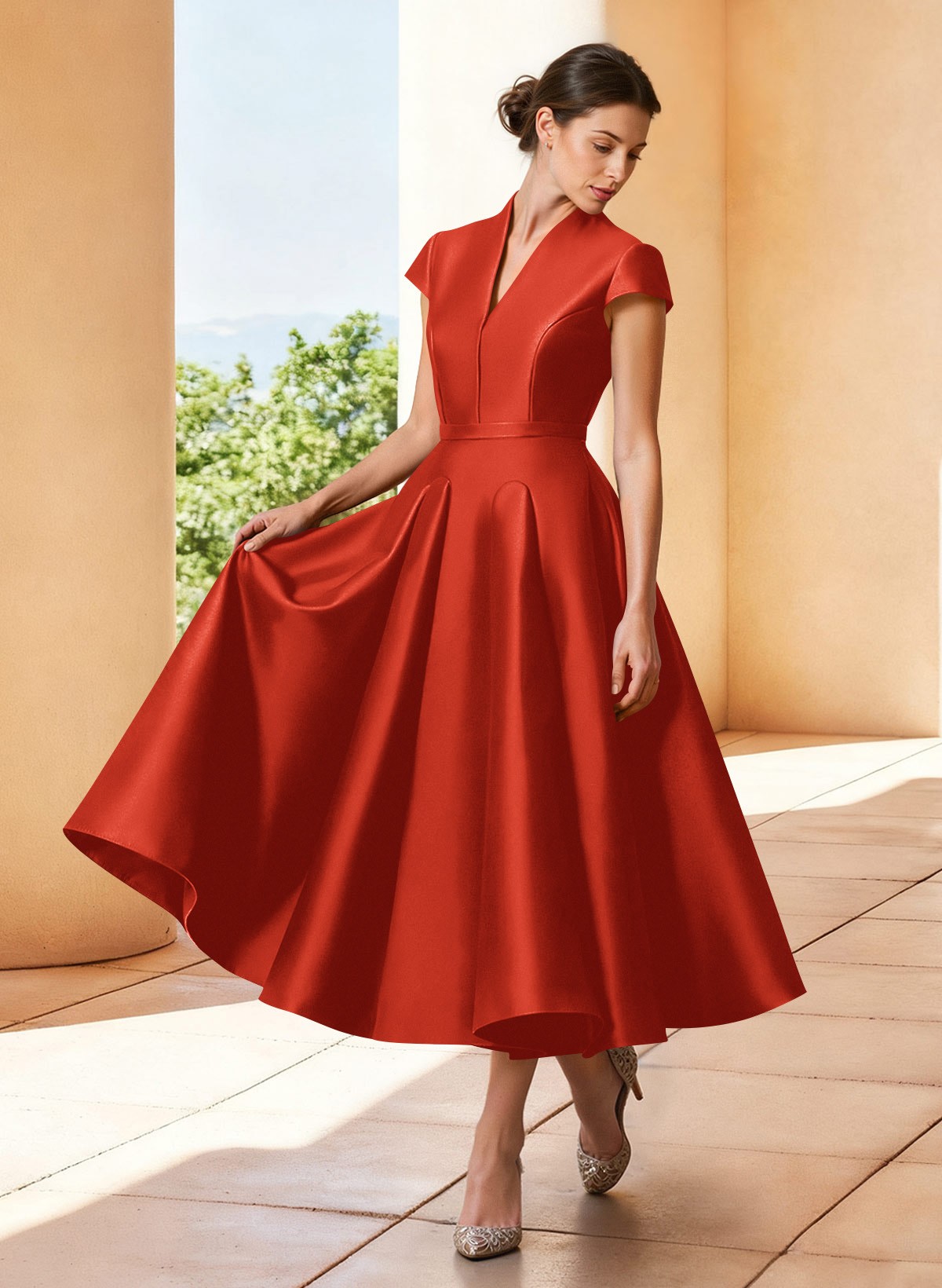 A-Line V-Neck Short Sleeves Tea-Length Satin Mother Of The Bride Dresses