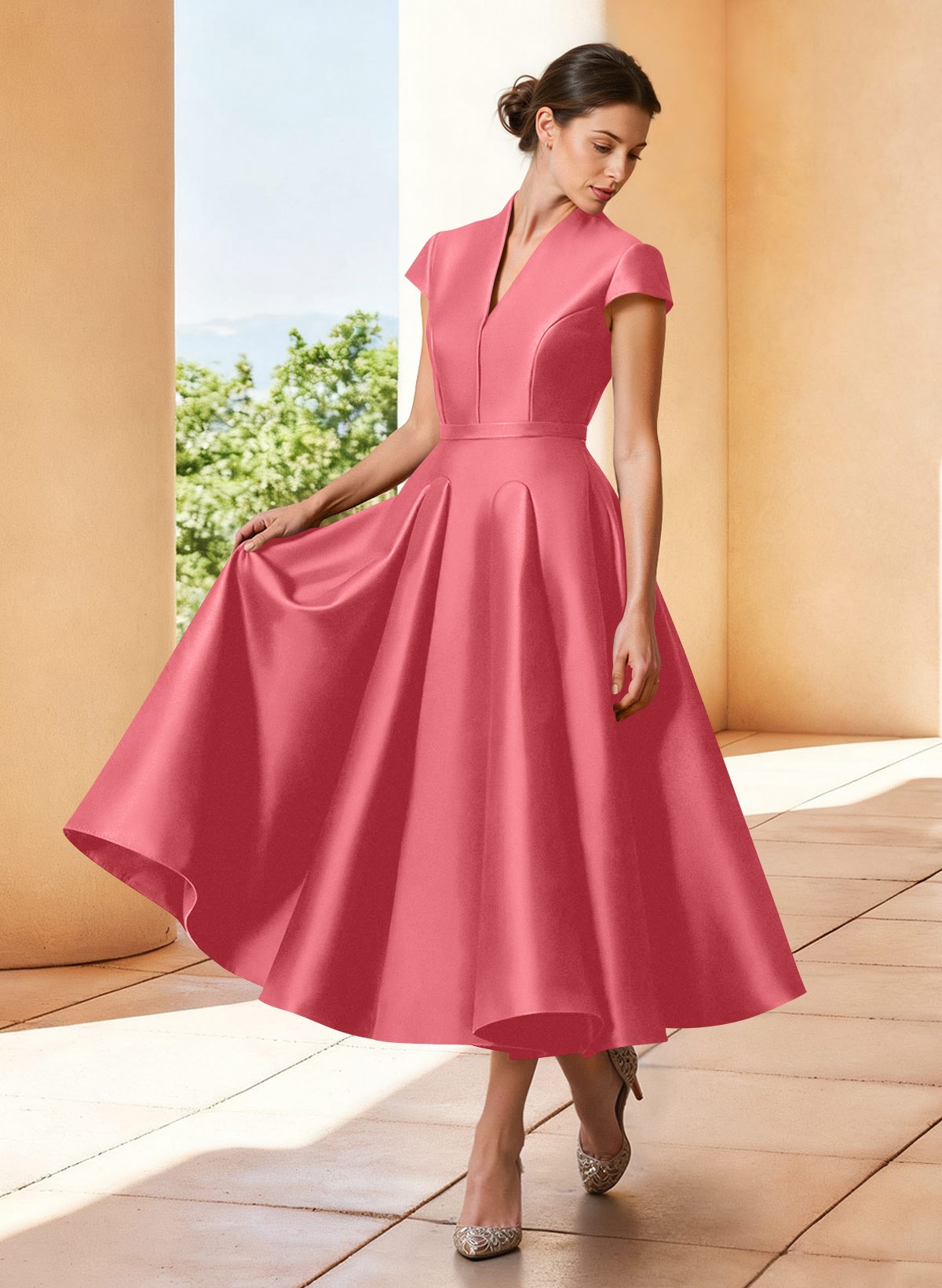 A-Line V-Neck Short Sleeves Tea-Length Satin Mother Of The Bride Dresses
