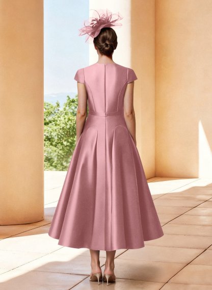 A-Line V-Neck Short Sleeves Tea-Length Satin Mother Of The Bride Dresses