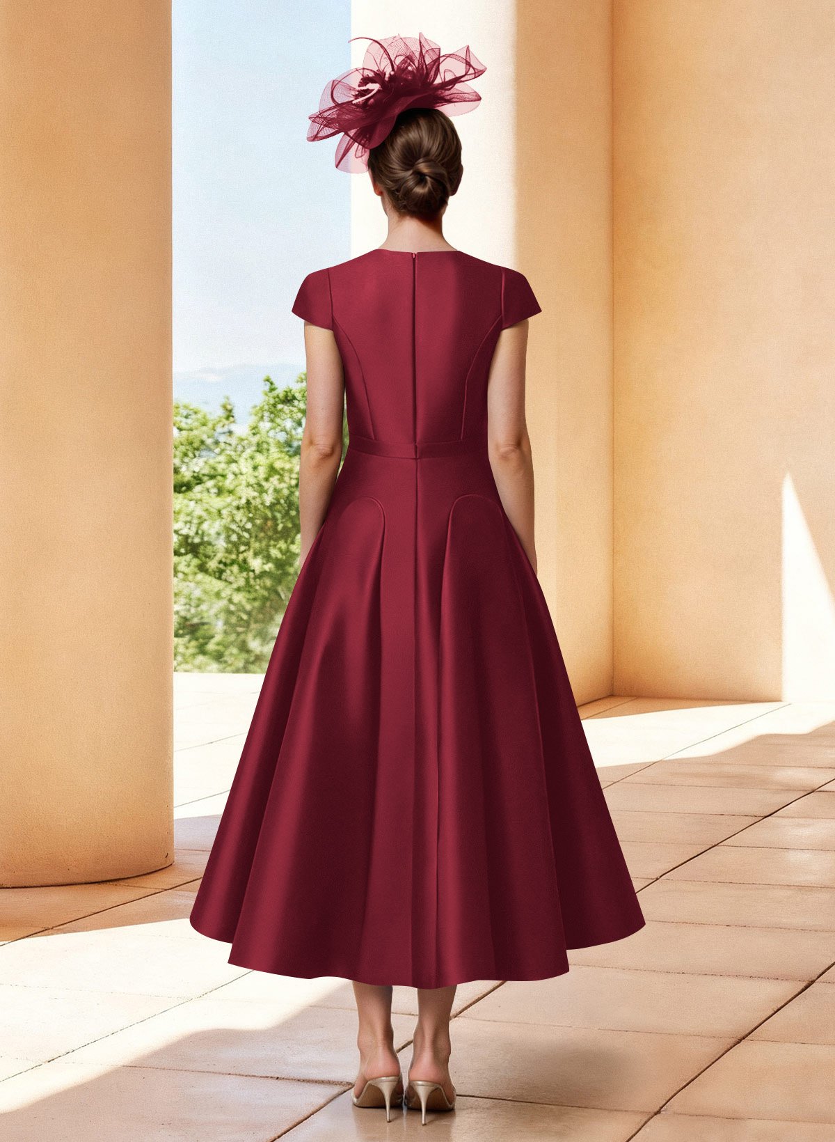 A-Line V-Neck Short Sleeves Tea-Length Satin Mother Of The Bride Dresses
