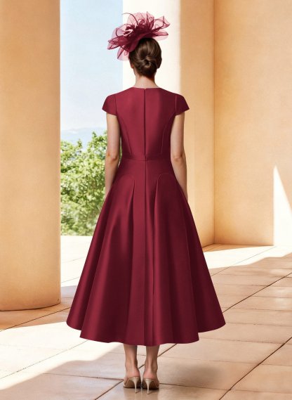 A-Line V-Neck Short Sleeves Tea-Length Satin Mother Of The Bride Dresses
