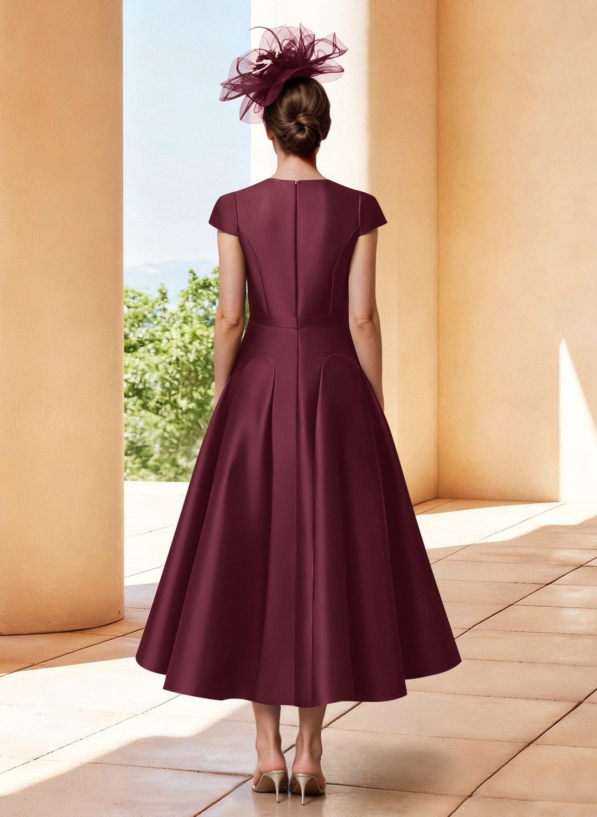 A-Line V-Neck Short Sleeves Tea-Length Satin Mother Of The Bride Dresses