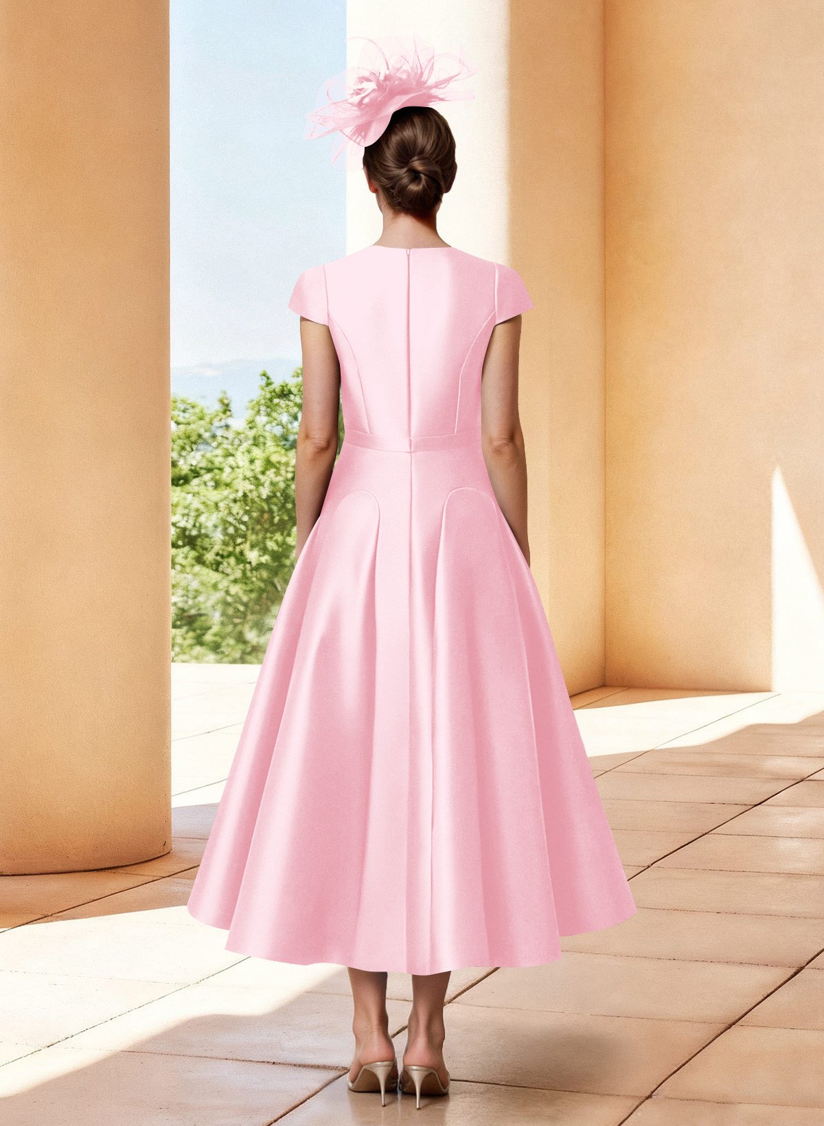 A-Line V-Neck Short Sleeves Tea-Length Satin Mother Of The Bride Dresses