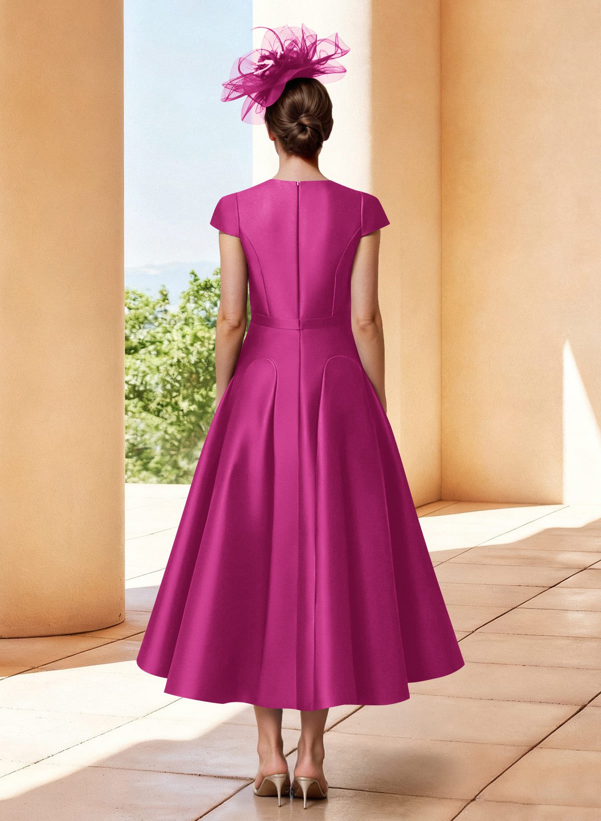 A-Line V-Neck Short Sleeves Tea-Length Satin Mother Of The Bride Dresses