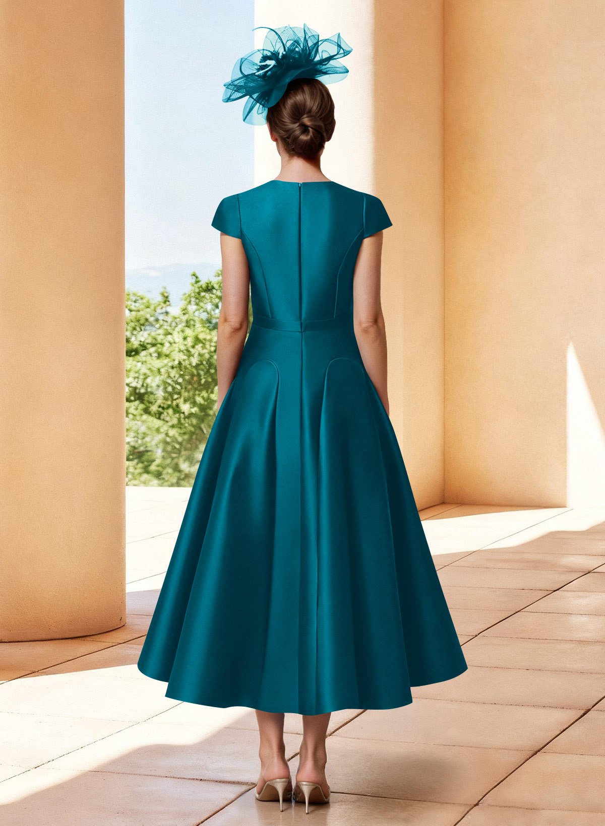 A-Line V-Neck Short Sleeves Tea-Length Satin Mother Of The Bride Dresses