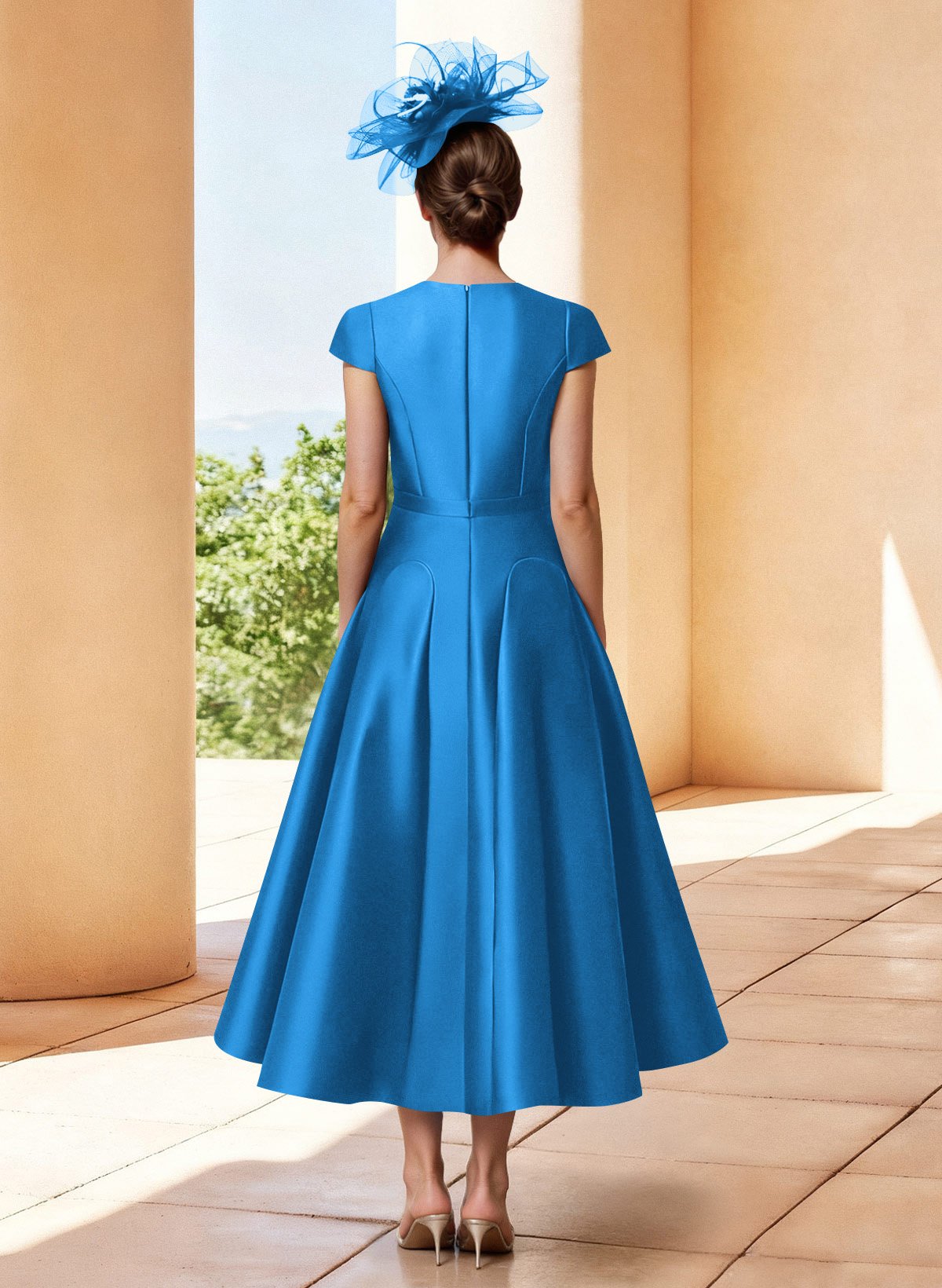 A-Line V-Neck Short Sleeves Tea-Length Satin Mother Of The Bride Dresses