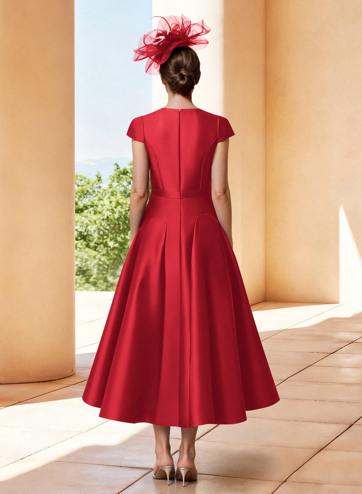A-Line V-Neck Short Sleeves Tea-Length Satin Mother Of The Bride Dresses
