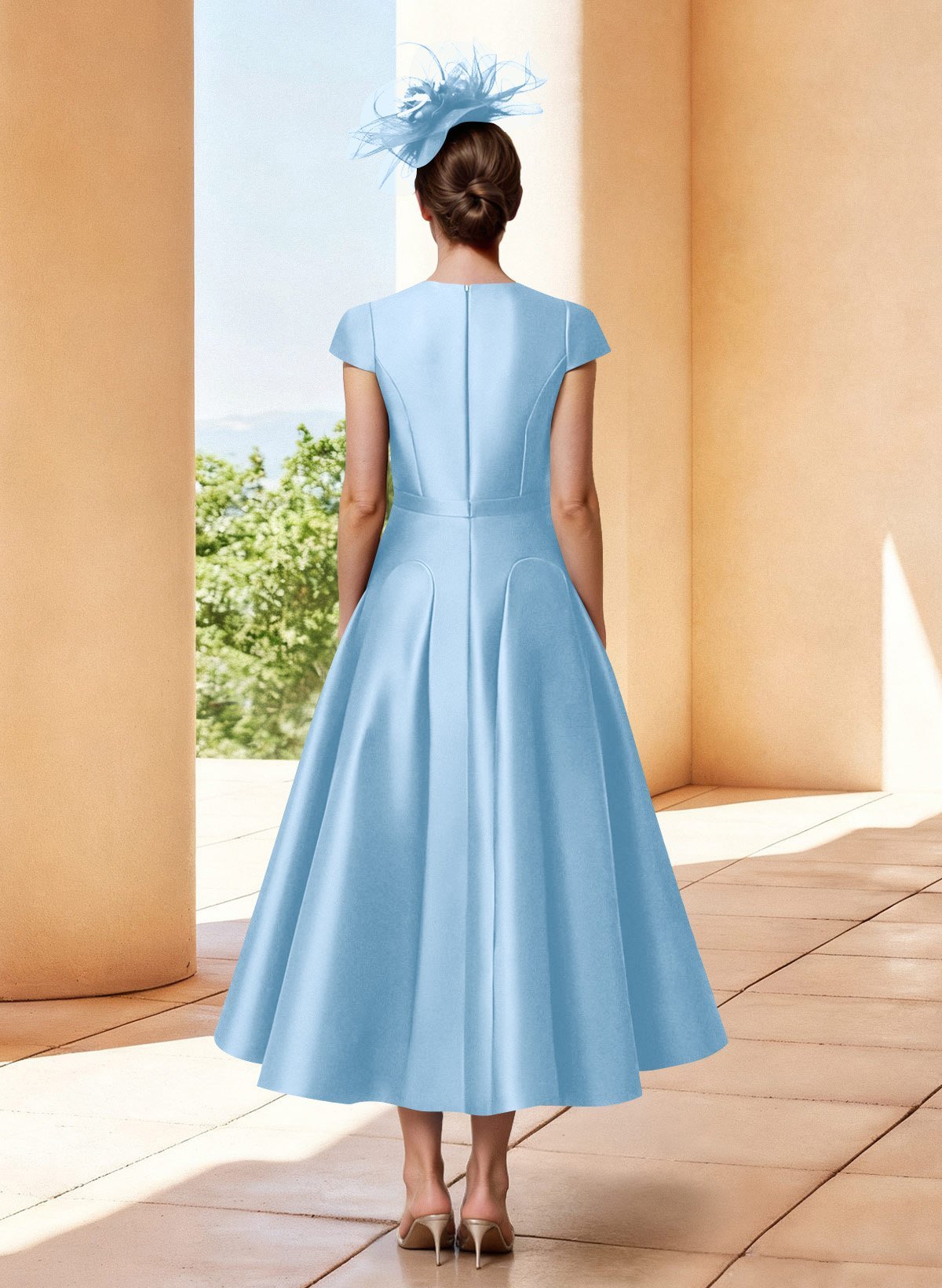 A-Line V-Neck Short Sleeves Tea-Length Satin Mother Of The Bride Dresses