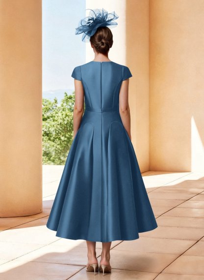 A-Line V-Neck Short Sleeves Tea-Length Satin Mother Of The Bride Dresses