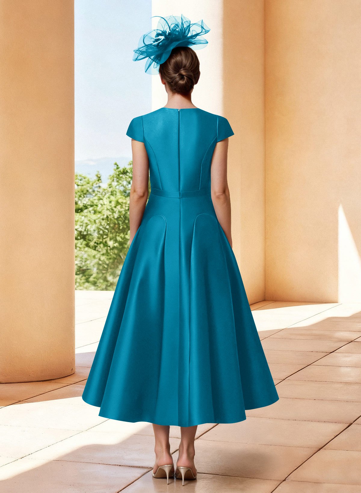 A-Line V-Neck Short Sleeves Tea-Length Satin Mother Of The Bride Dresses