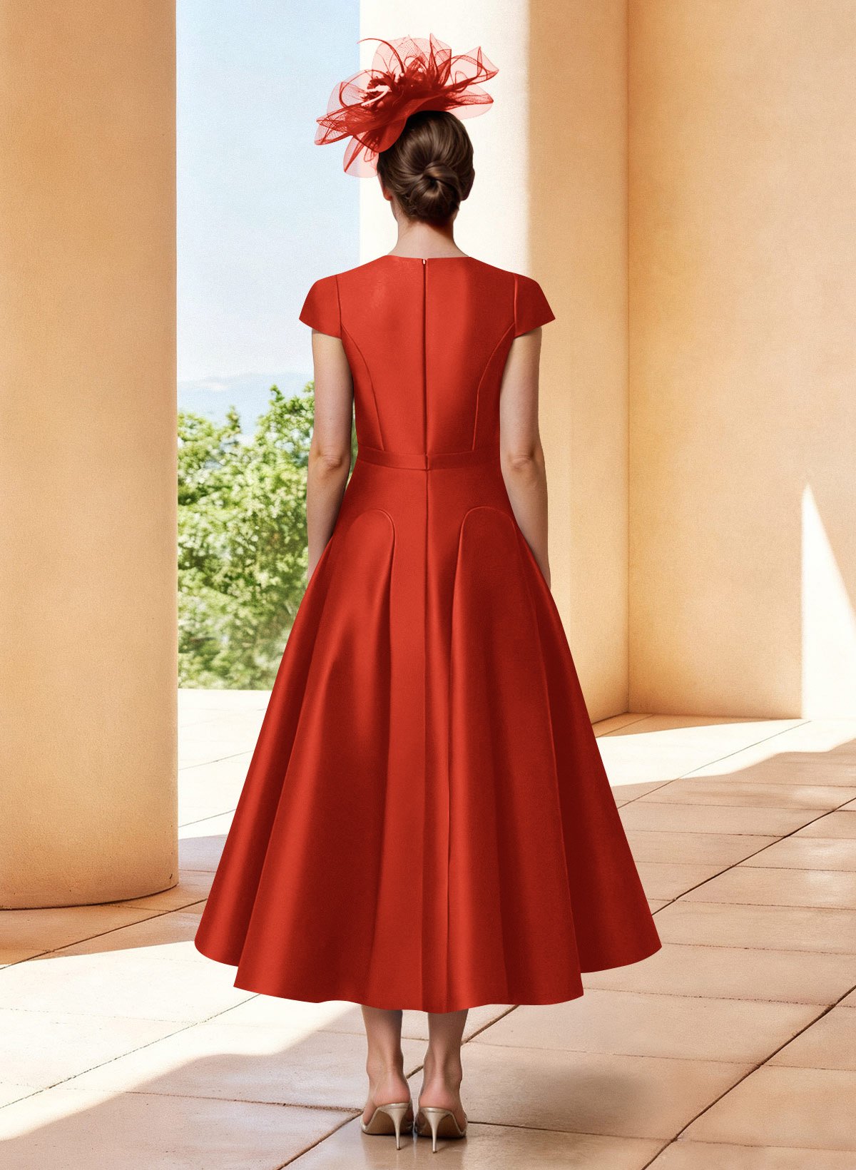 A-Line V-Neck Short Sleeves Tea-Length Satin Mother Of The Bride Dresses
