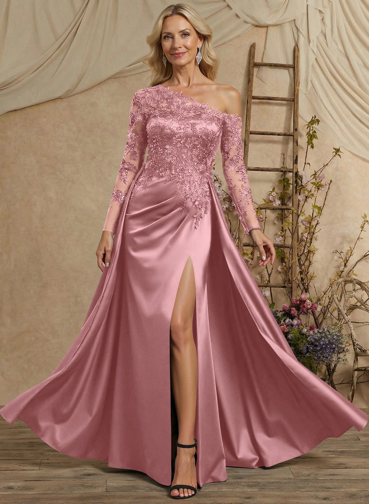 A-Line Asymmetrical Long Sleeves Floor-Length Lace/Satin Mother Of The Bride Dresses With High Split