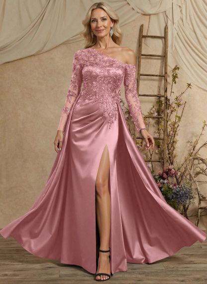 A-Line Asymmetrical Long Sleeves Floor-Length Lace/Satin Mother Of The Bride Dresses With High Split