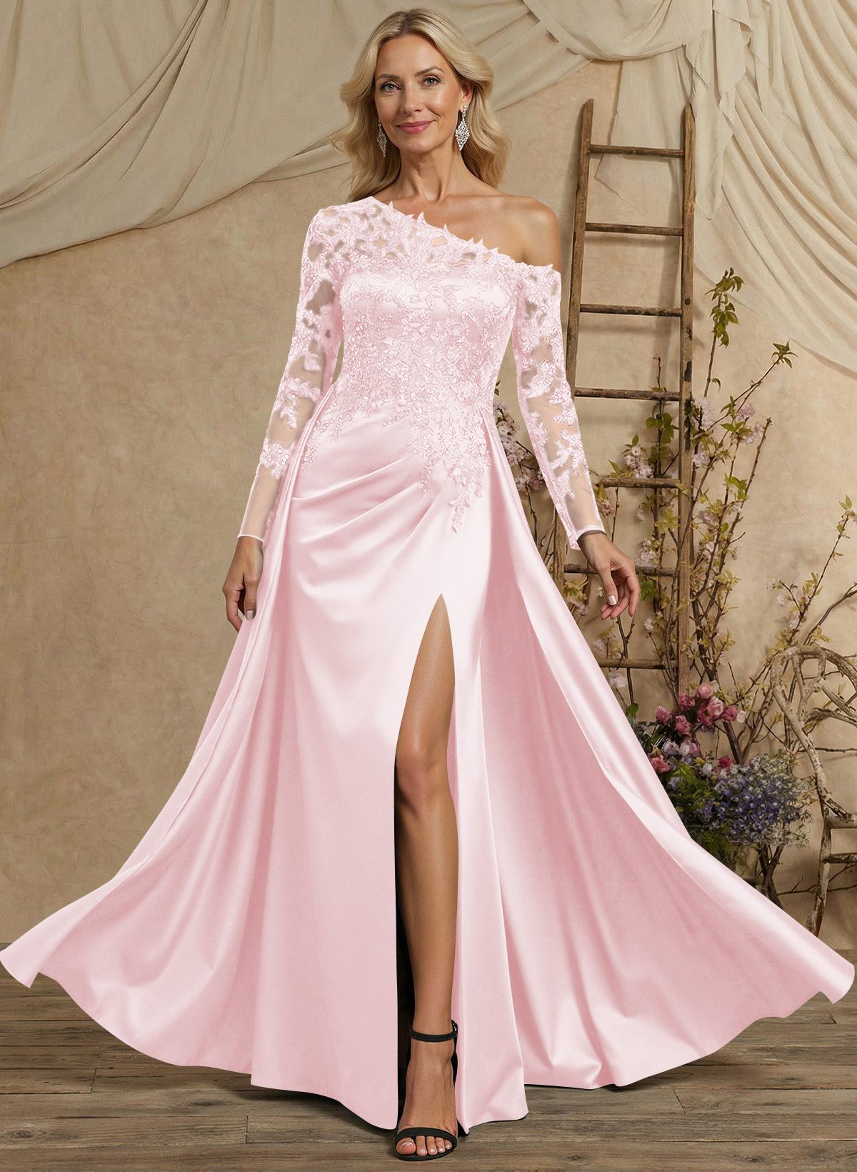 A-Line Asymmetrical Long Sleeves Floor-Length Lace/Satin Mother Of The Bride Dresses With High Split