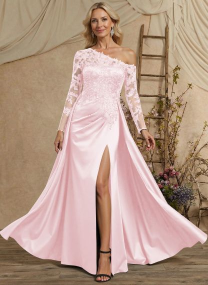 A-Line Asymmetrical Long Sleeves Floor-Length Lace/Satin Mother Of The Bride Dresses With High Split