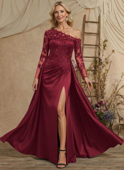 A-Line Asymmetrical Long Sleeves Floor-Length Lace/Satin Mother Of The Bride Dresses With High Split