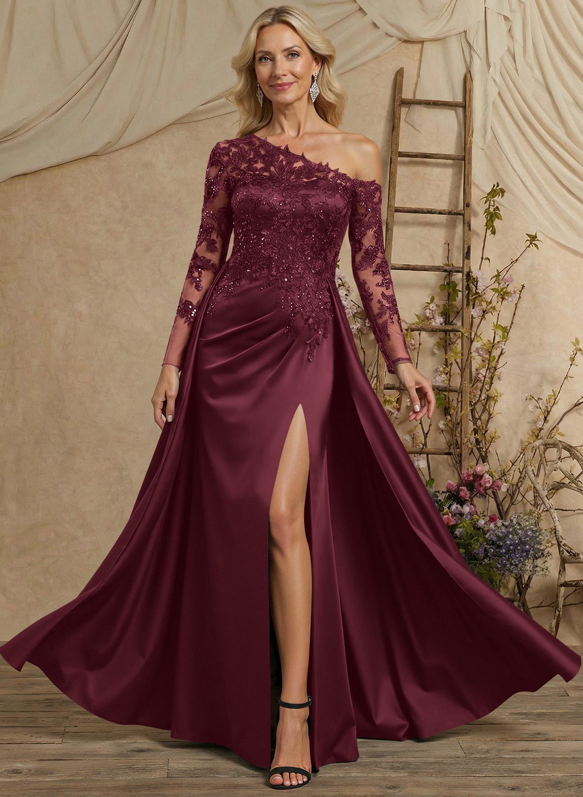A-Line Asymmetrical Long Sleeves Floor-Length Lace/Satin Mother Of The Bride Dresses With High Split
