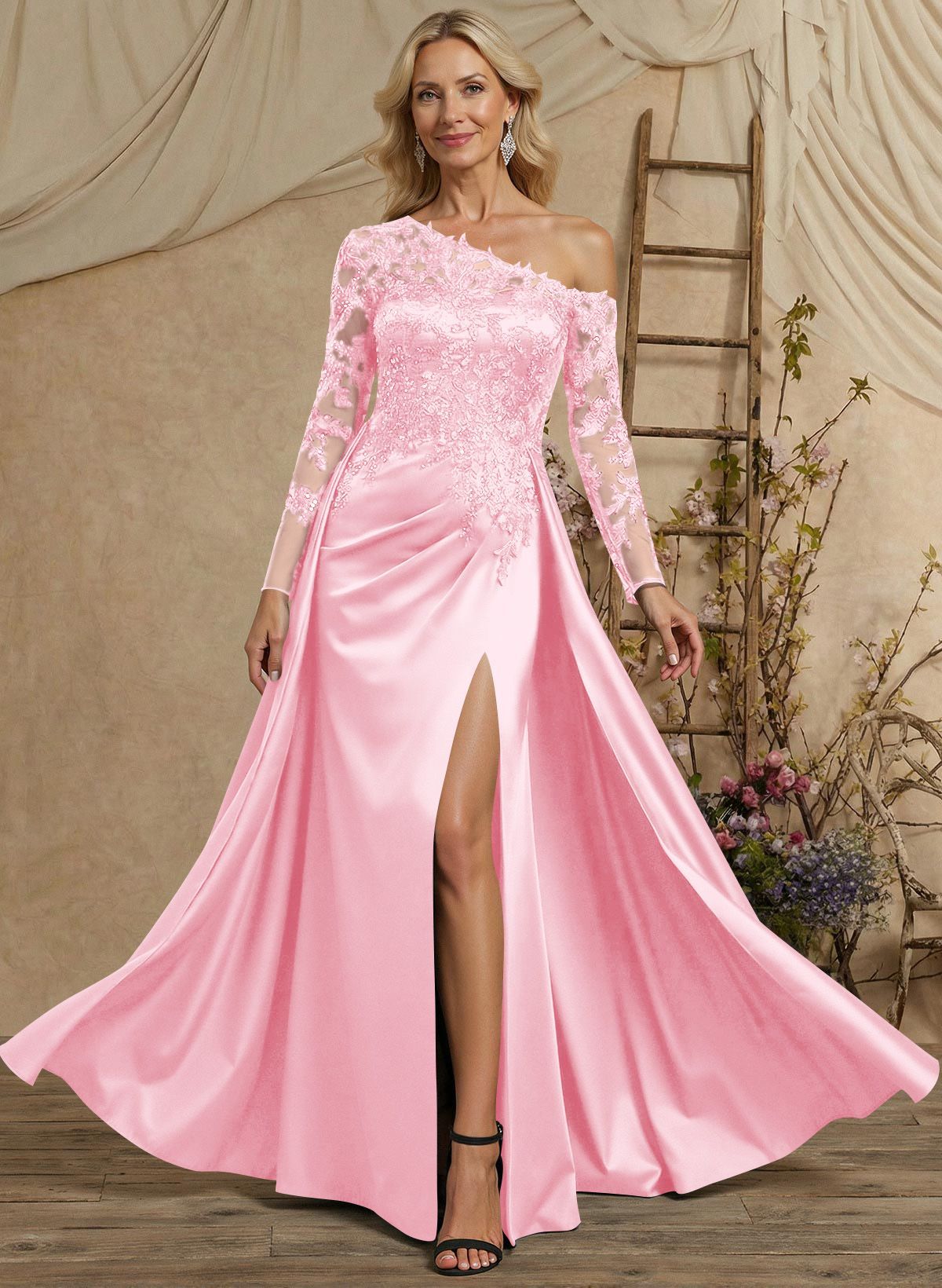 A-Line Asymmetrical Long Sleeves Floor-Length Lace/Satin Mother Of The Bride Dresses With High Split