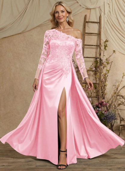 A-Line Asymmetrical Long Sleeves Floor-Length Lace/Satin Mother Of The Bride Dresses With High Split