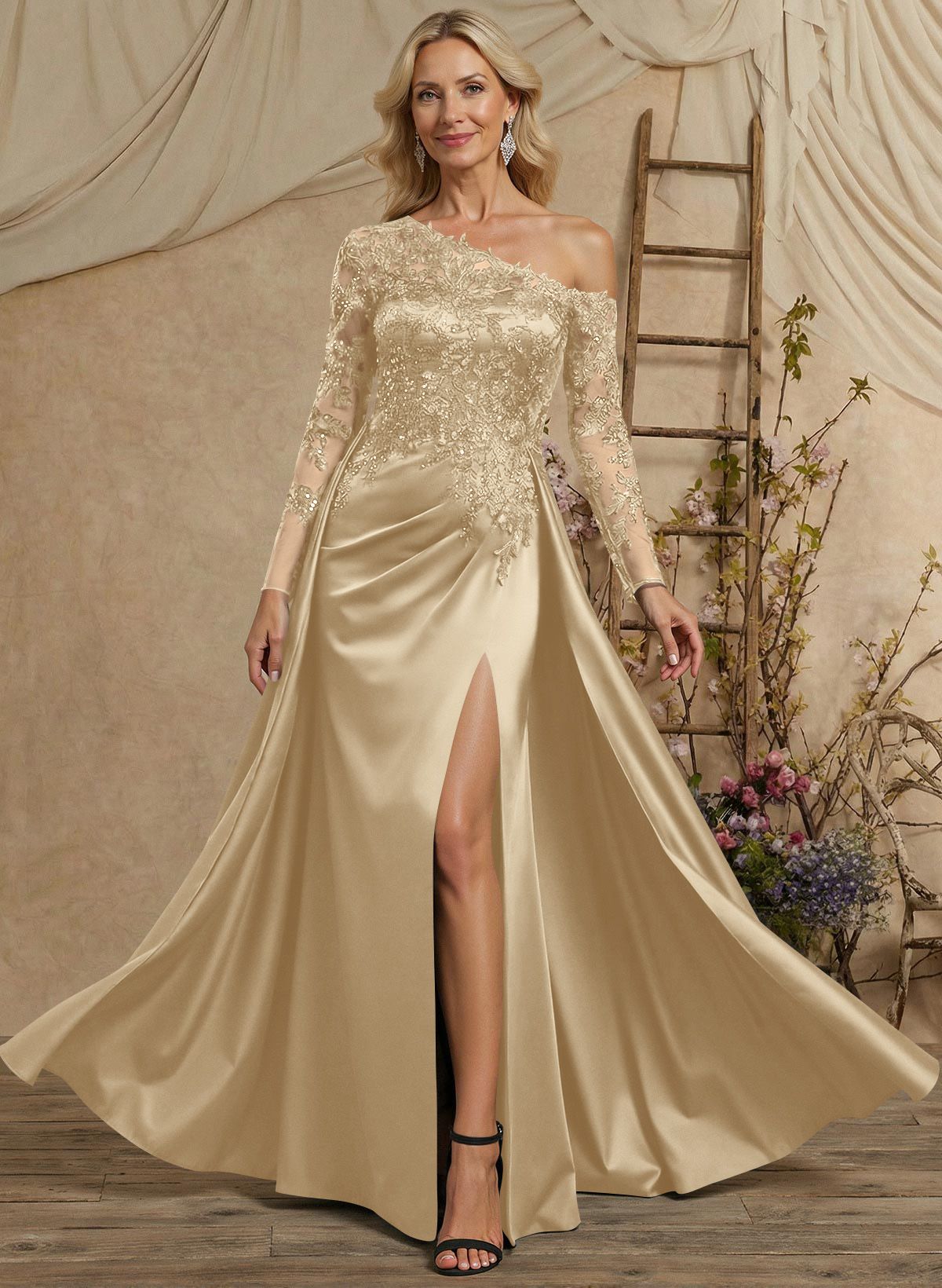 A-Line Asymmetrical Long Sleeves Floor-Length Lace/Satin Mother Of The Bride Dresses With High Split