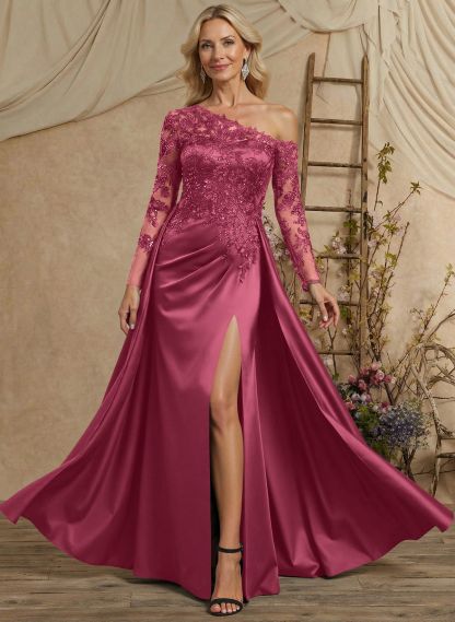 A-Line Asymmetrical Long Sleeves Floor-Length Lace/Satin Mother Of The Bride Dresses With High Split
