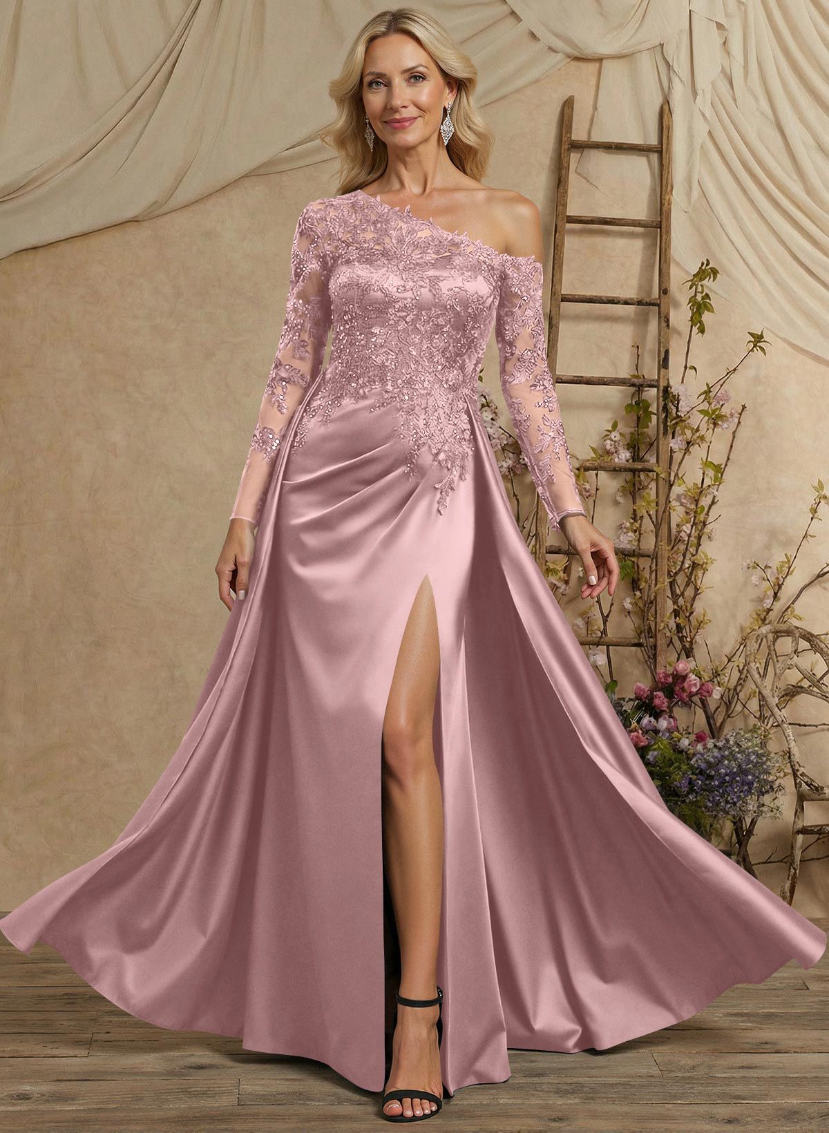 A-Line Asymmetrical Long Sleeves Floor-Length Lace/Satin Mother Of The Bride Dresses With High Split