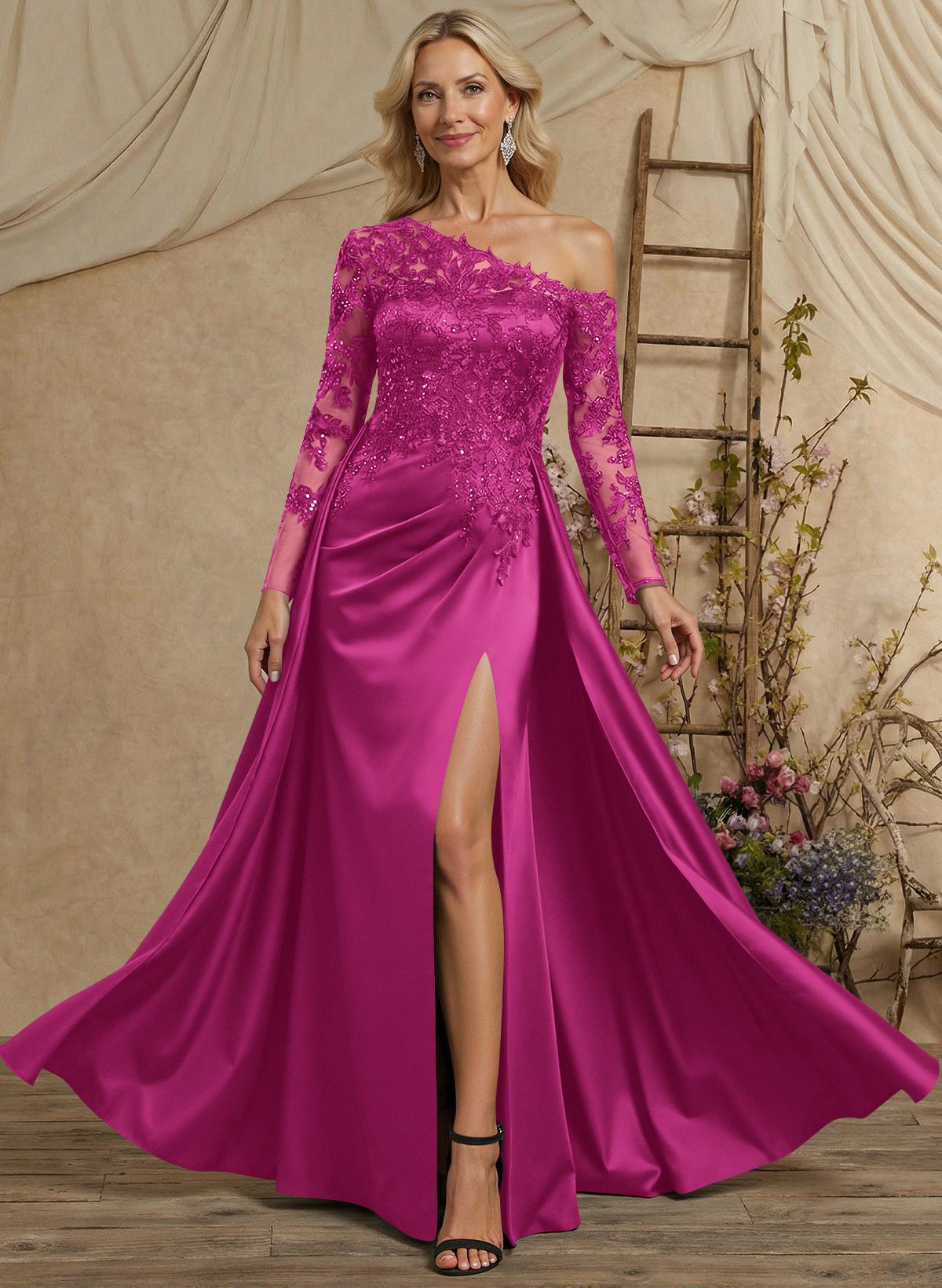 A-Line Asymmetrical Long Sleeves Floor-Length Lace/Satin Mother Of The Bride Dresses With High Split