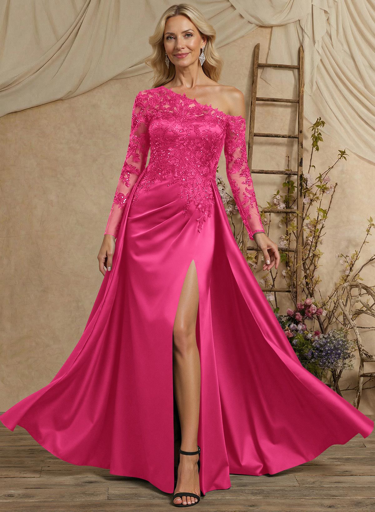 A-Line Asymmetrical Long Sleeves Floor-Length Lace/Satin Mother Of The Bride Dresses With High Split