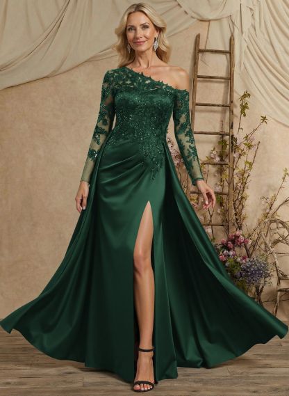 A-Line Asymmetrical Long Sleeves Floor-Length Lace/Satin Mother Of The Bride Dresses With High Split
