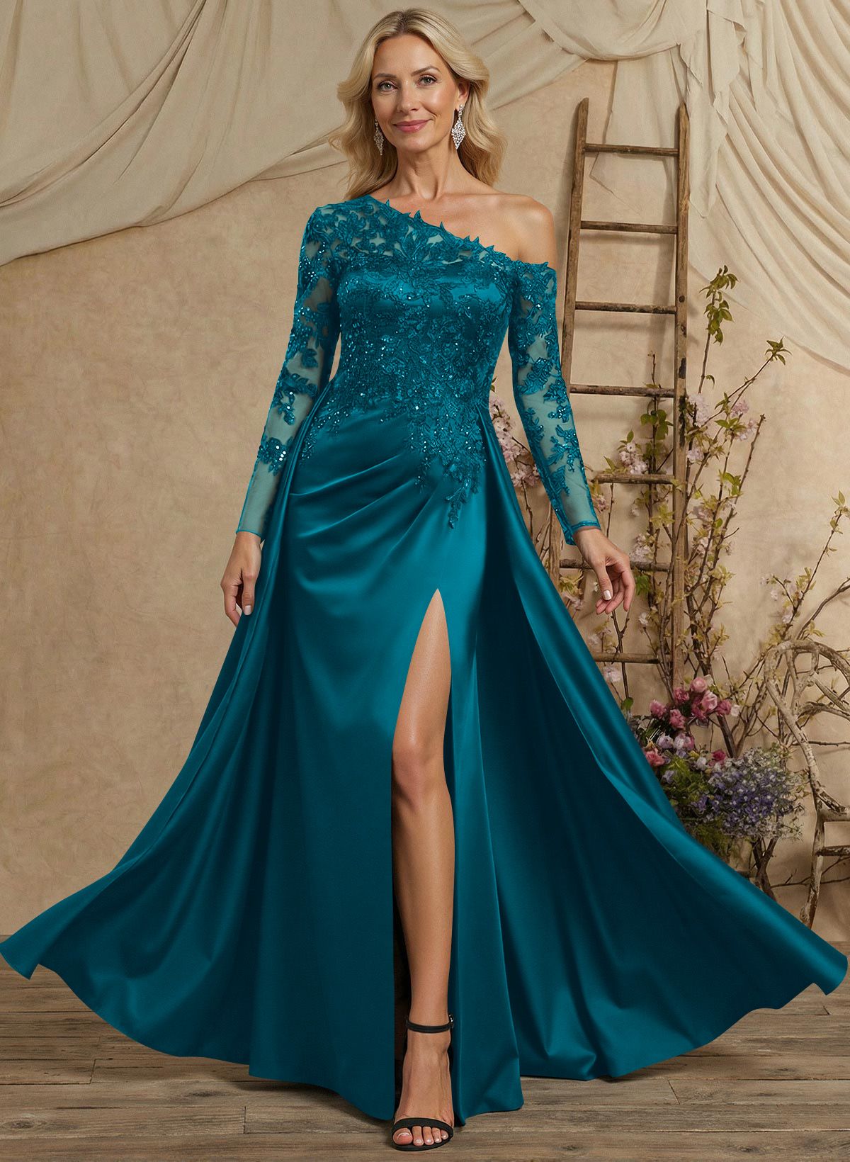 A-Line Asymmetrical Long Sleeves Floor-Length Lace/Satin Mother Of The Bride Dresses With High Split
