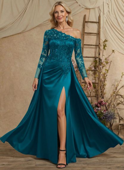 A-Line Asymmetrical Long Sleeves Floor-Length Lace/Satin Mother Of The Bride Dresses With High Split