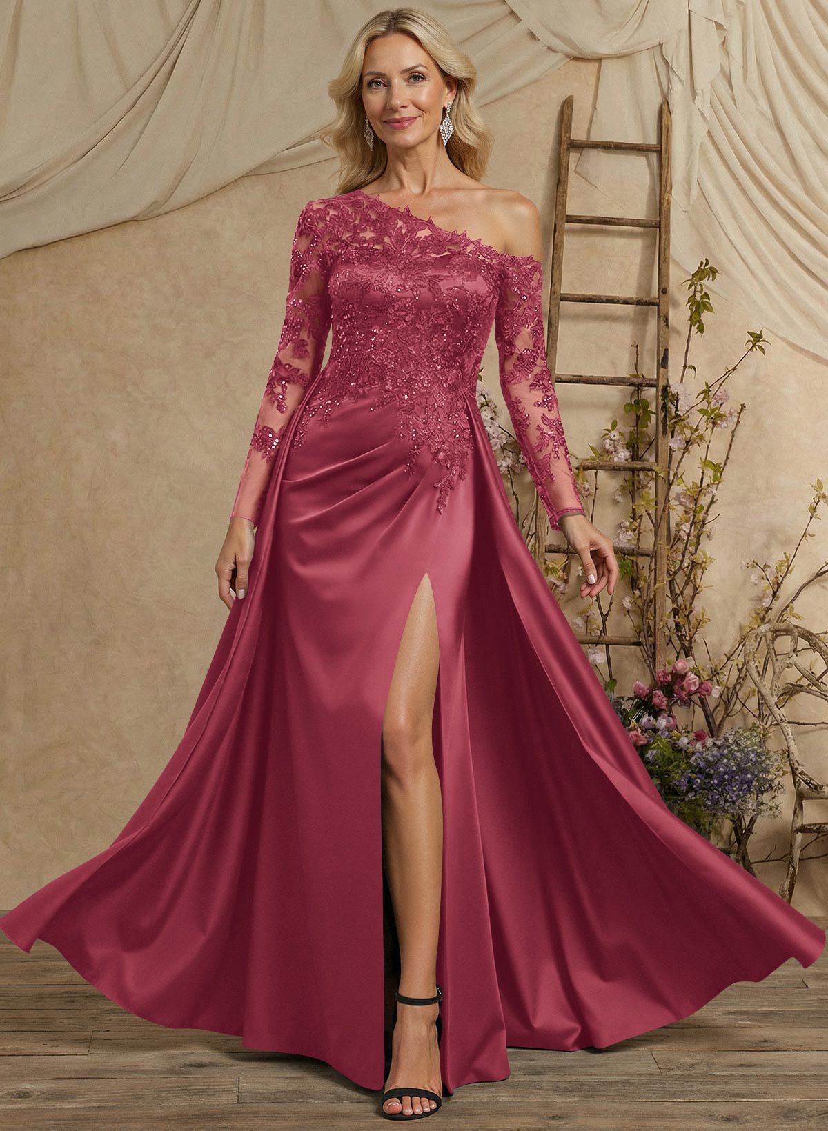 A-Line Asymmetrical Long Sleeves Floor-Length Lace/Satin Mother Of The Bride Dresses With High Split