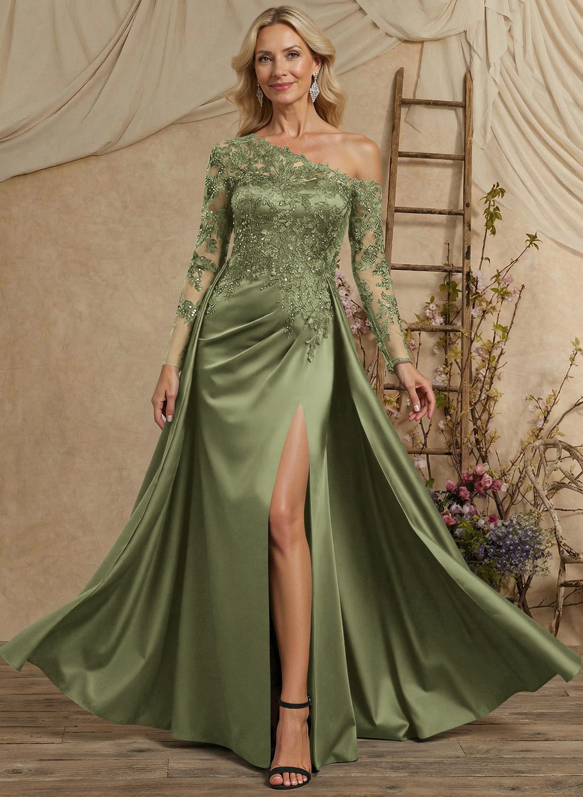 A-Line Asymmetrical Long Sleeves Floor-Length Lace/Satin Mother Of The Bride Dresses With High Split