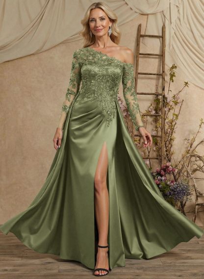 A-Line Asymmetrical Long Sleeves Floor-Length Lace/Satin Mother Of The Bride Dresses With High Split