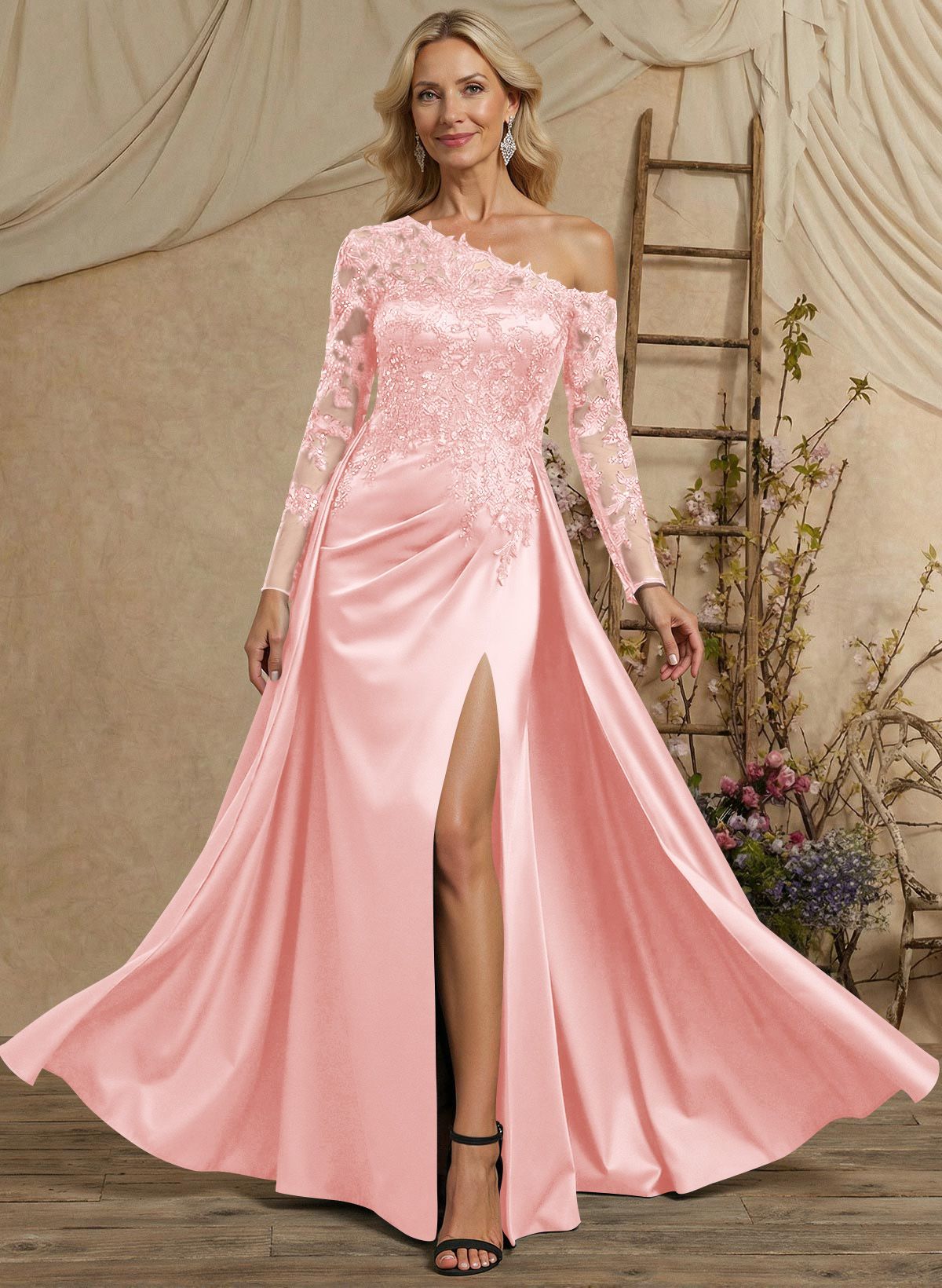 A-Line Asymmetrical Long Sleeves Floor-Length Lace/Satin Mother Of The Bride Dresses With High Split