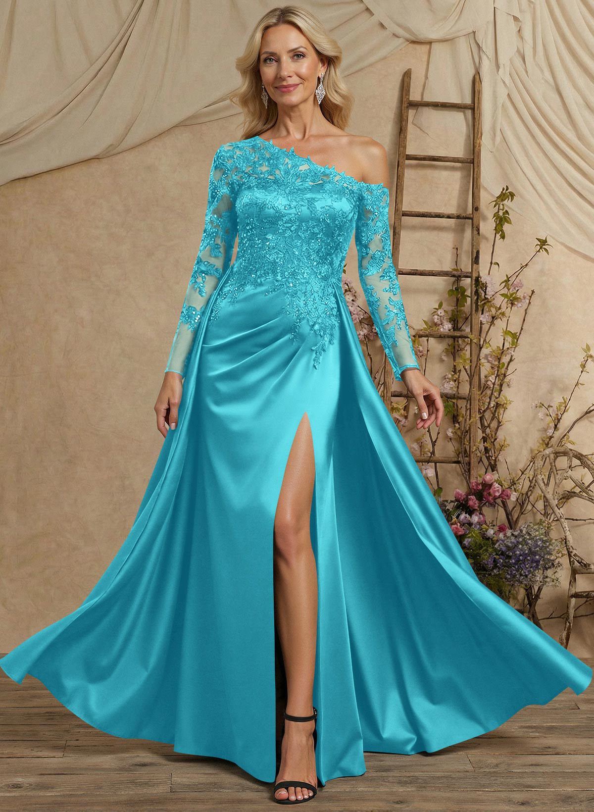 A-Line Asymmetrical Long Sleeves Floor-Length Lace/Satin Mother Of The Bride Dresses With High Split