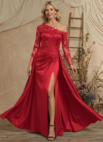 A-Line Asymmetrical Long Sleeves Floor-Length Lace/Satin Mother Of The Bride Dresses With High Split